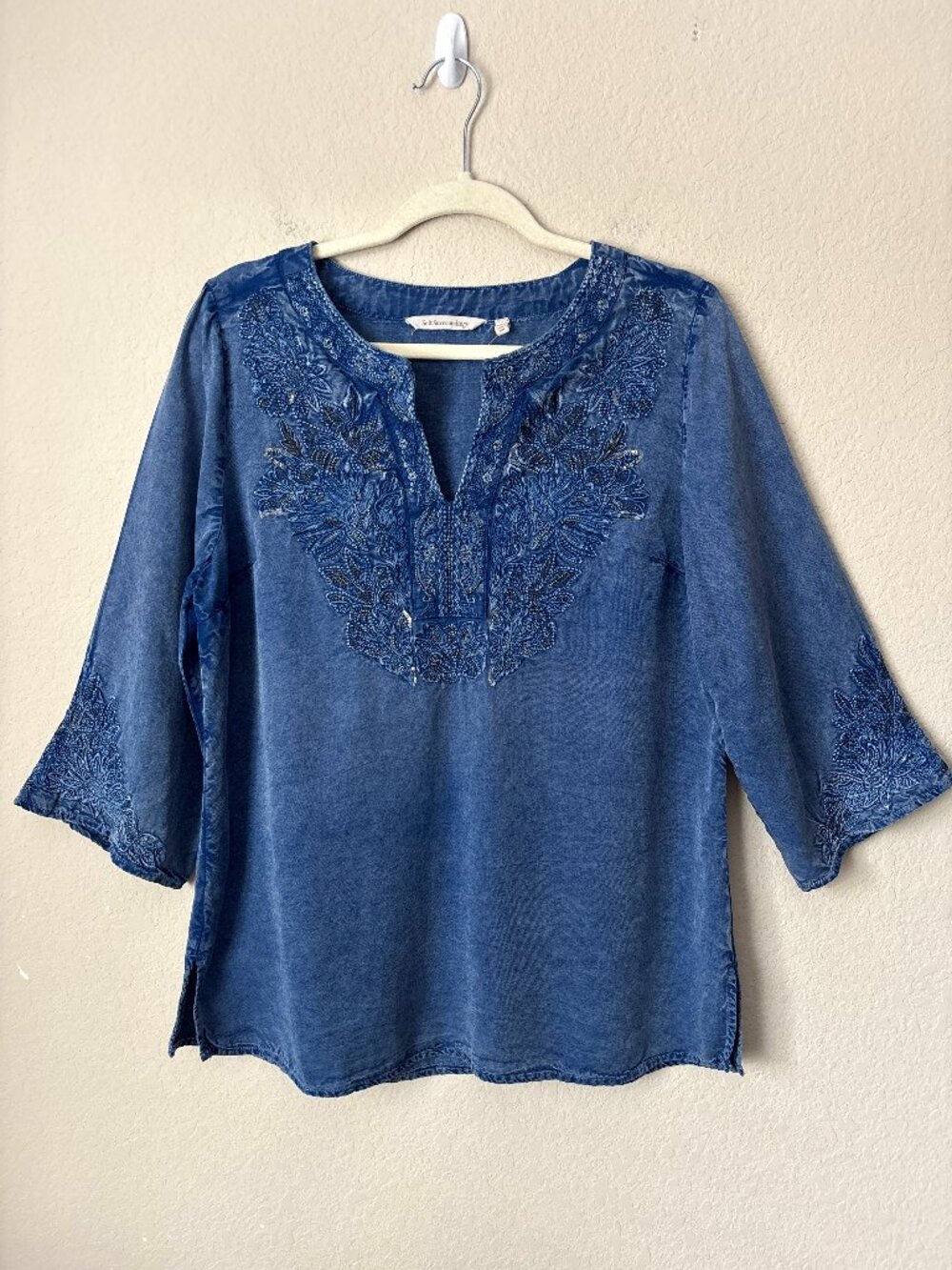 Soft Surroundings Floral Embroidered Beaded Split Neck Blouse Top
